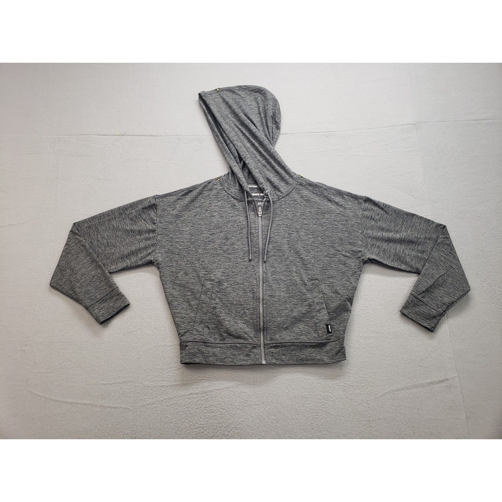Dkny Women Sweatshirt S Gray Full Zip Cropped Jacket Hoodie Drawstring Polyester